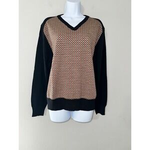 Messagerie Womens V Neck‎ Sweater 100% Merino Wool Long Sleeve Checkered
